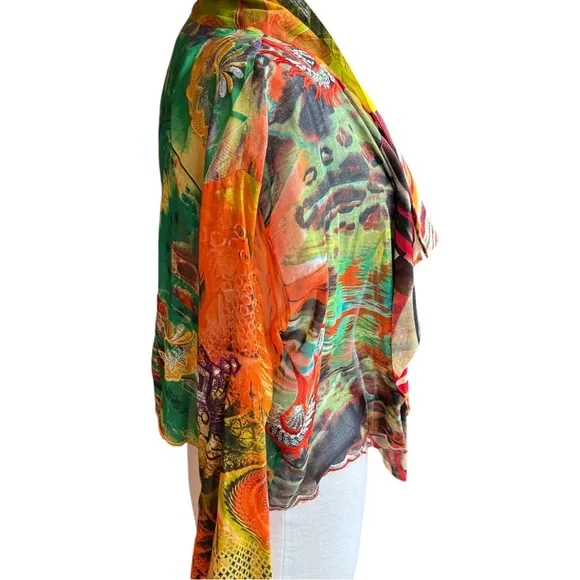 Vintage STERLING STYLES One Size Green Orange  Red Gold kimono Jacket Art Silk - Picture 2 of 8
